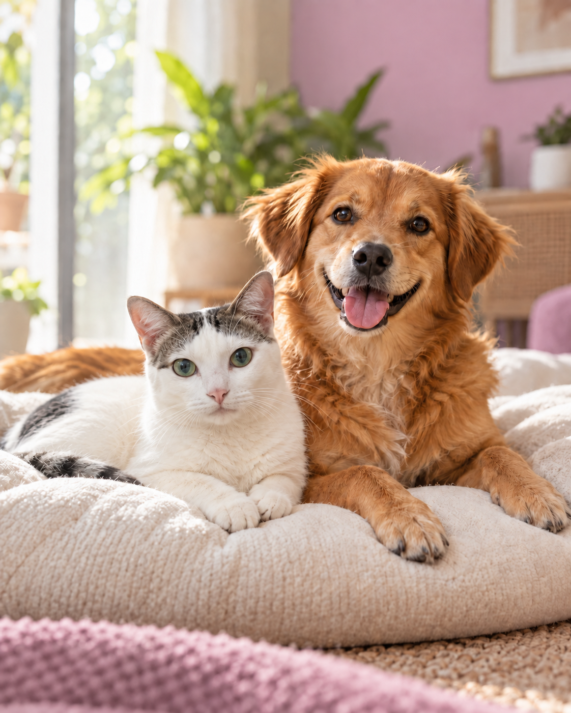 Anjing berbulu cokelat keemasan dan kucing putih bercorak abu-abu beristirahat bersama