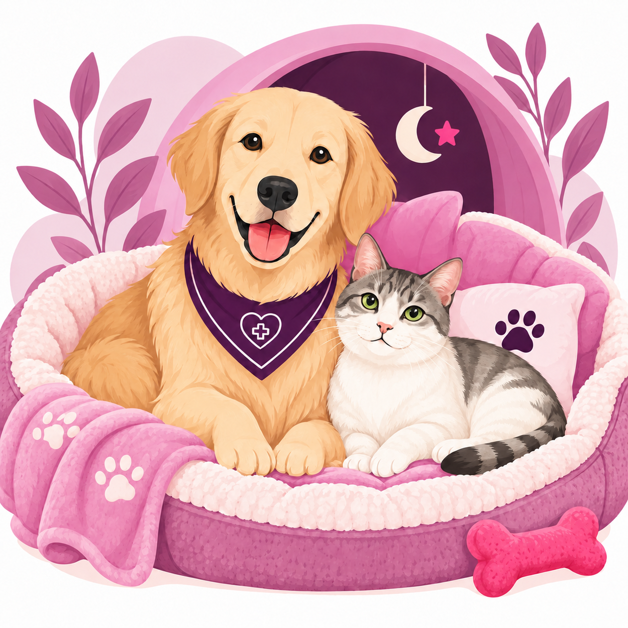 Ilustrasi anjing dan kucing beristirahat nyaman di pet boarding