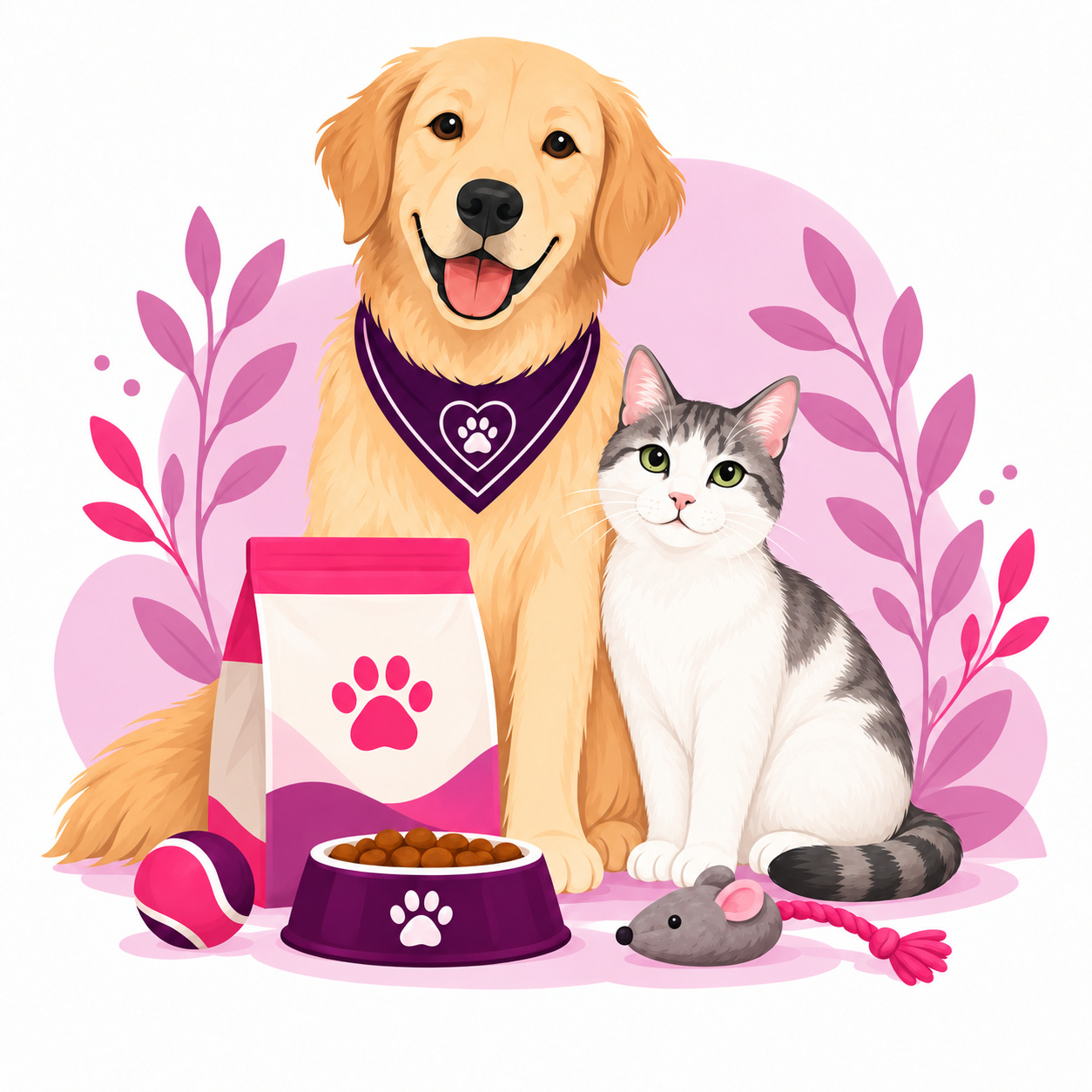 Ilustrasi anjing dan kucing bersama kebutuhan harian dari pet shop